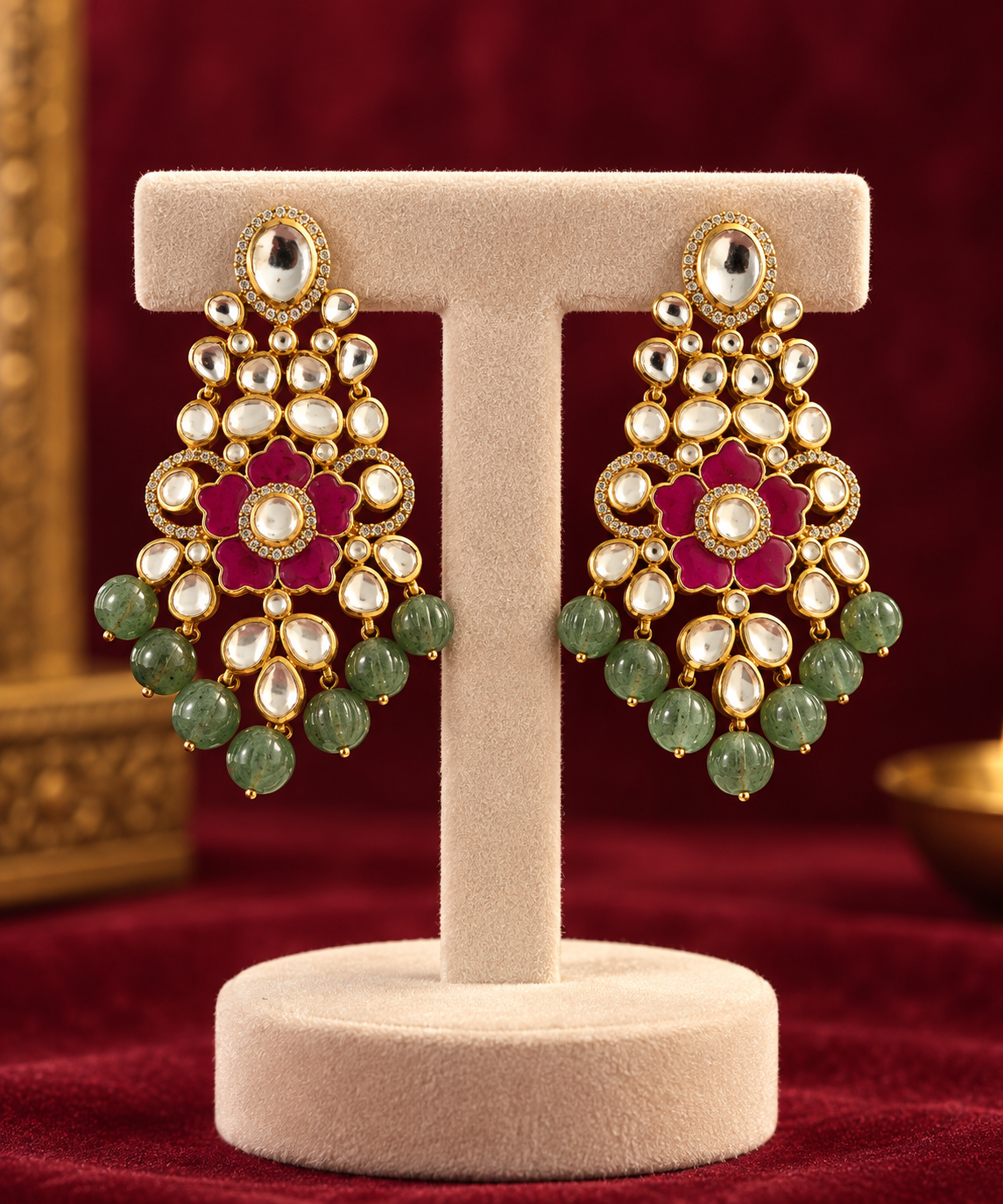 "MAHIRA" Moissanite, Kundan, Strawberry Quartz, Ruby Danglers
