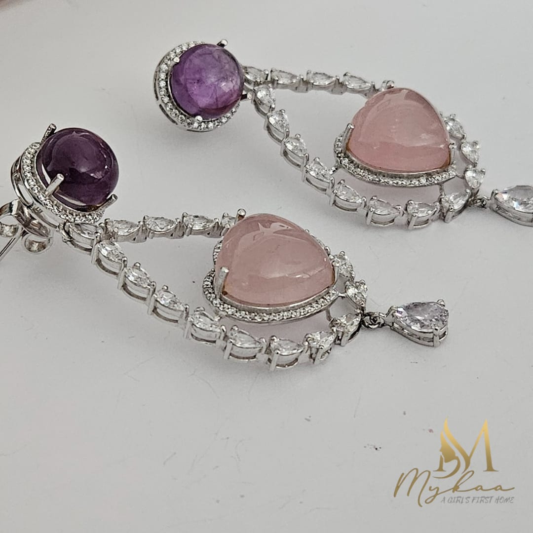 "ALINA" Amethyst, Rose Quartz & ZIrcon Danglers