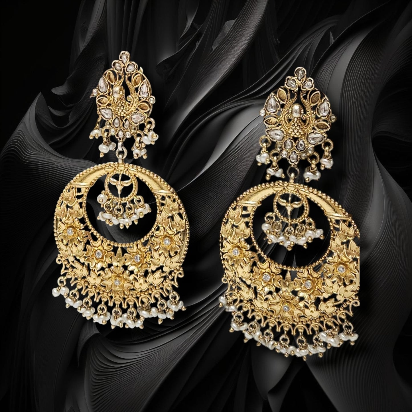 Silver Chandbalis with Moissanite and Freshwater Pearls