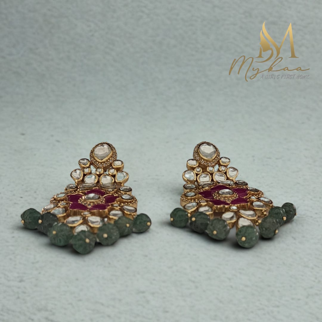 "MAHIRA" Moissanite, Kundan, Strawberry Quartz, Ruby Danglers