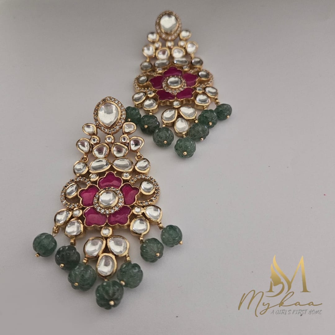 "MAHIRA" Moissanite, Kundan, Strawberry Quartz, Ruby Danglers