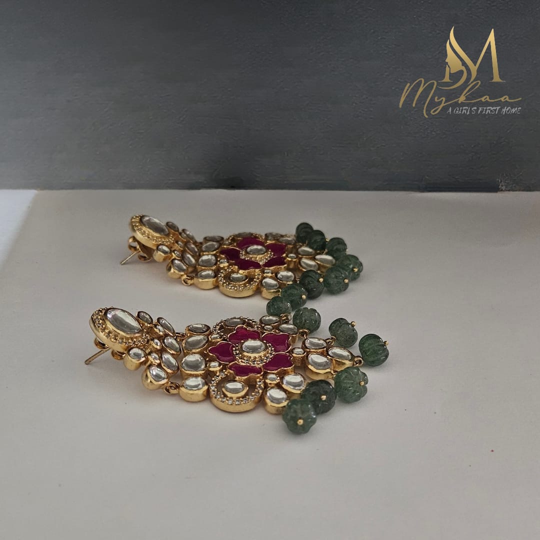 "MAHIRA" Moissanite, Kundan, Strawberry Quartz, Ruby Danglers