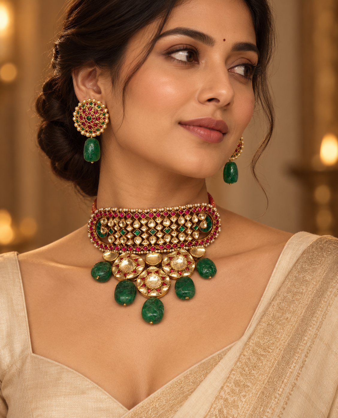 'ZAREEN' Emerald Kundan Choker Set