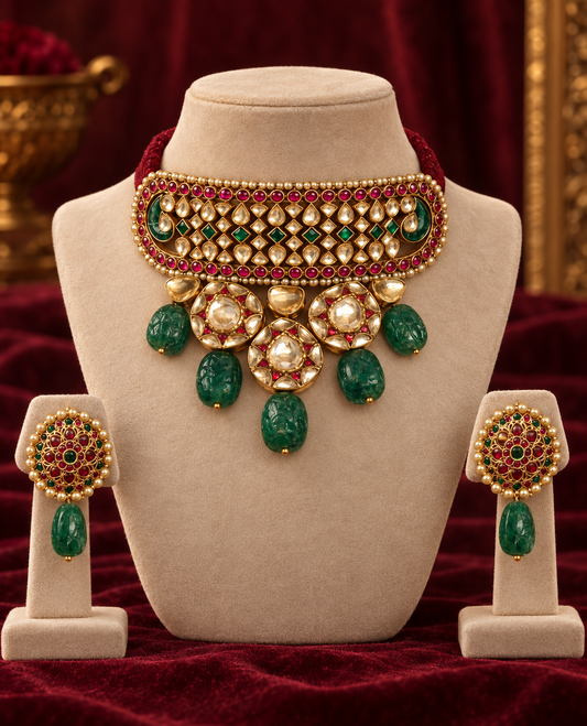 'ZAREEN' Emerald Kundan Choker Set