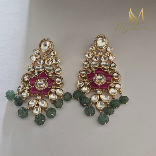 "MAHIRA" Moissanite, Kundan, Strawberry Quartz, Ruby Danglers